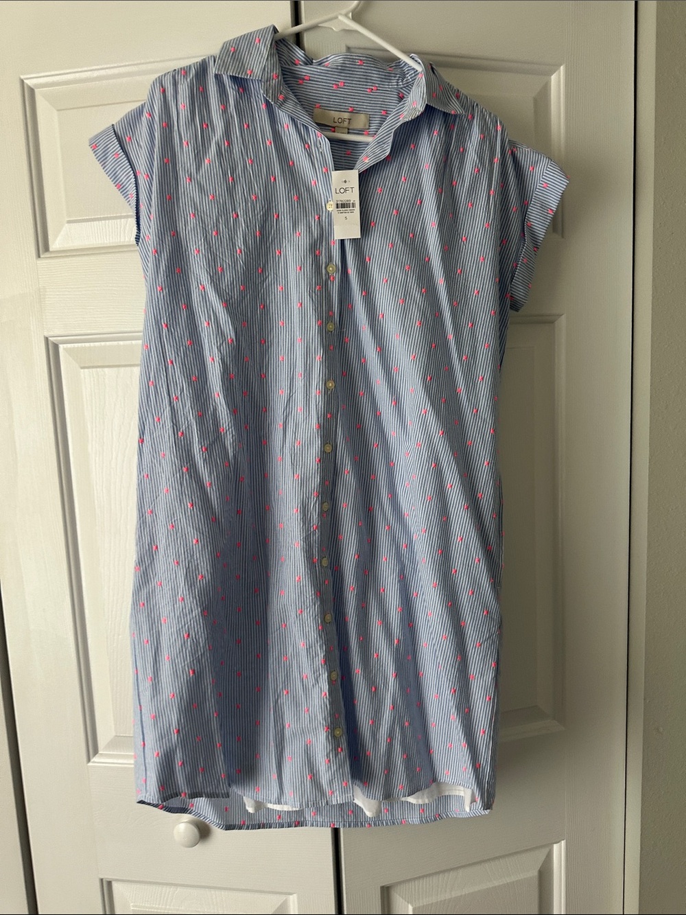 LOFT Blue Striped Shirt Dress with Pink Dot Detail